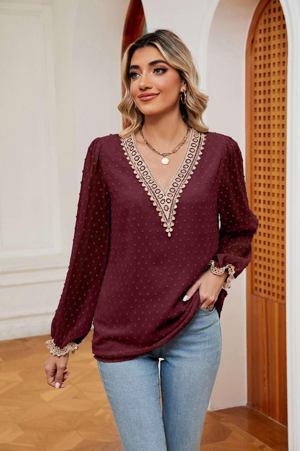 Swiss Dot Contrast V - Neck Blouse - VILLA FASHION